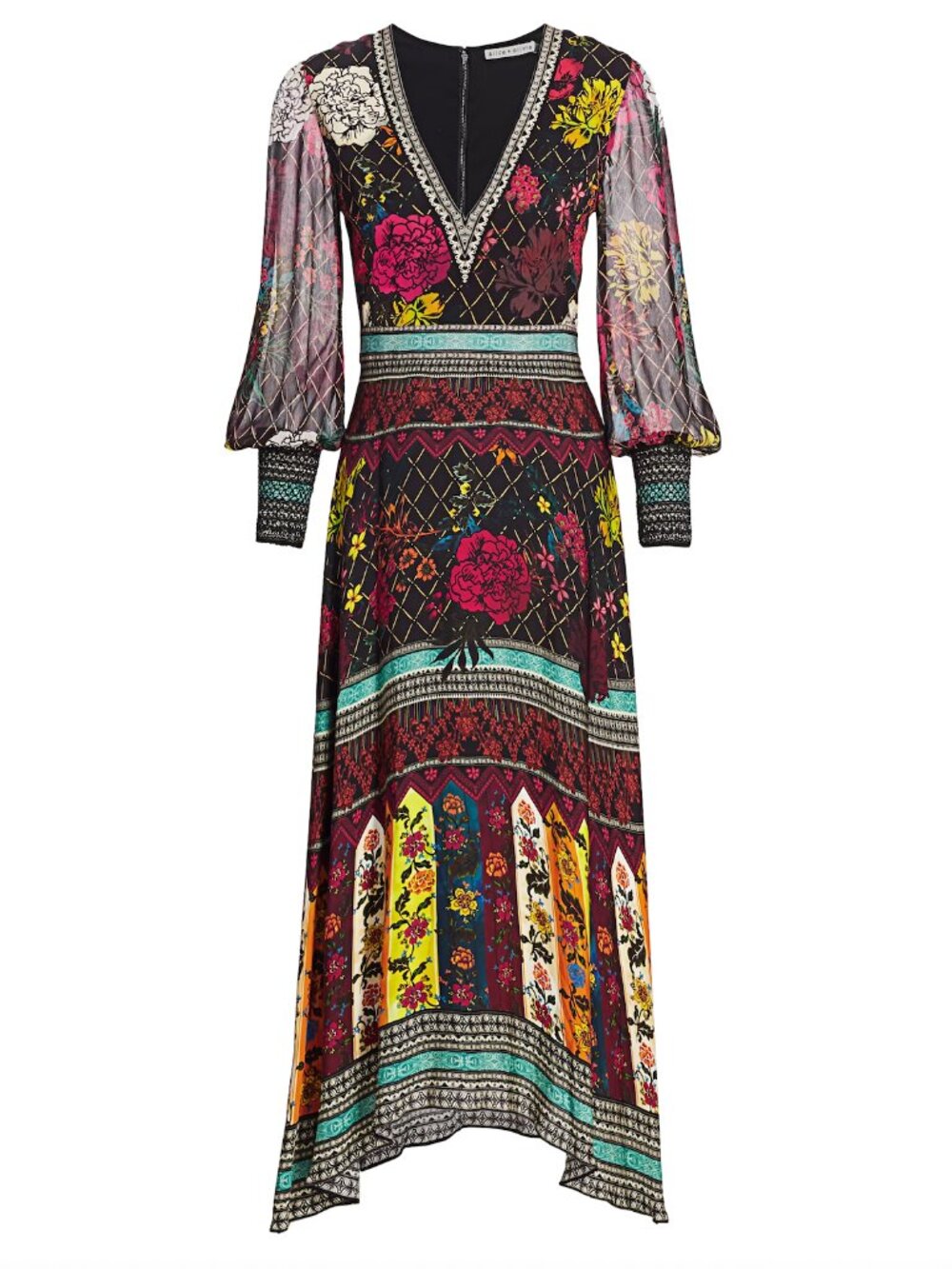 ALICE + OLIVIA Janey Mixed Pattern Handkerchief Hem FLoral Long Sleeve Dress 4